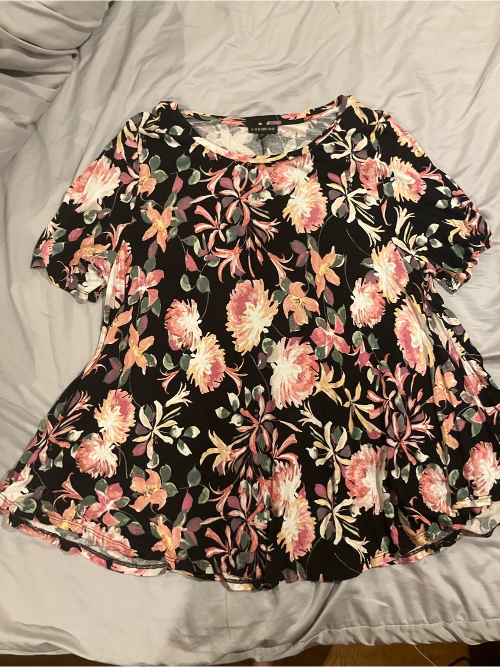Lane Bryant Black Floral Short Sleeve Tee with Pink & Cream Blooms